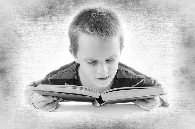 本を読み学習する少年